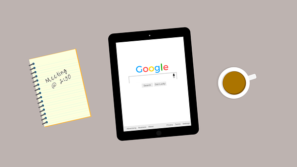 Illustraton of a tablet device with the google search engine page displayed on it.