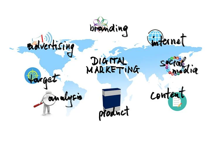 An illustration of the worl map with various labels related to digital marketing.